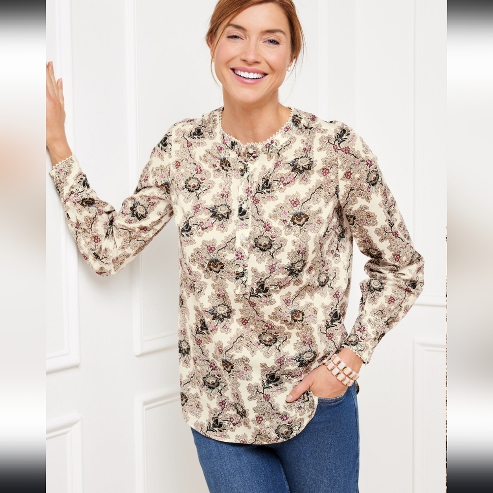 Talbots 100% Cotton Floral Lace Trim Top